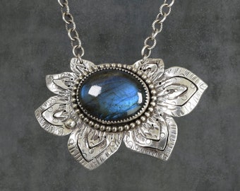 Desert Flower Necklace - Blue Labradorite, .925 Sterling Silver, Natural Stone, One of a Kind, Unique Women's Gift