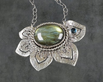 Desert Flower Necklace - Green Labradorite and Blue Topaz, .925 Sterling Silver, Natural Gemstone, One of a Kind, Unique Women's Gift