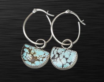 Hubei Turquoise Dangle Earrings: Sterling Silver, Spiderweb Matrix, Hoops
