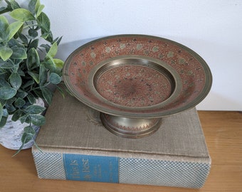 Vintage Brass Enamel Floral Pedestal Trinket Dish