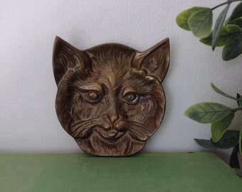 Vintage Brass Cat Face Trinket Dish Catchall