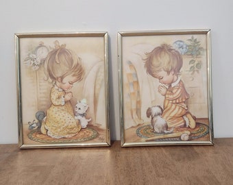 Vintage Pair of Framed Praying Children Prints by Coby