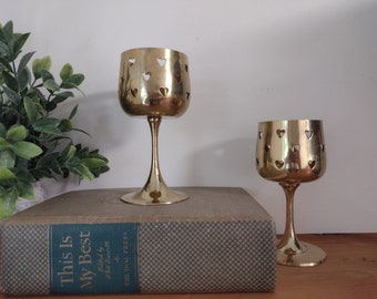 Pair of Vintage Brass Candle Holder Goblets with Hearts