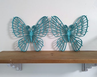 Pair of Vintage Butterfly Wall Hangings, Upcycled Aqua Butterflies