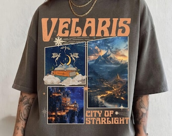 Camiseta Comfort Colors Velaris, camisetas de ACOTAR, merchandising de ACOTAR, camiseta de Night Court, Ciudad de la Luz Estelar, Una Corte de Rosas y Espinas, Sarah J. Maas