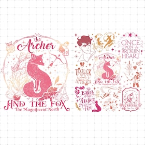 Puede incluir: Diseño gráfico rosa y blanco con un zorro, un arquero y texto. El diseño incluye las palabras "The Archer and The Fox" y "The Magnificent North". Otro texto incluye "Once Upon a Broken Heart".
