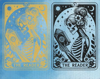 The Reader Tarot Card PNG, Skeleton Reading Shirt Designs, Tarot Card Digital Download , Book Lover Gift For Women, Book Lover PNG