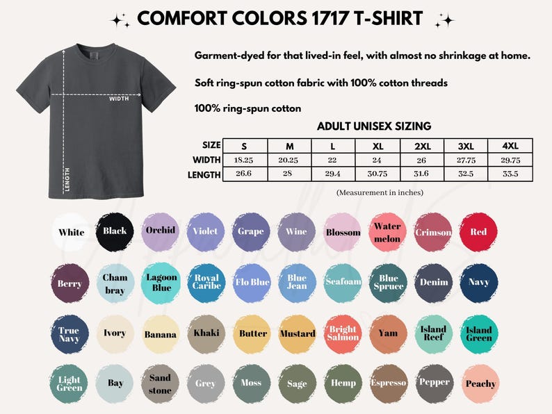Puede incluir: Una camiseta Comfort Colors 1717 gris oscuro con informaci&oacute;n de tallas y una carta de colores. El ancho de la camiseta es de 46,36 cm y el largo de 67,56 cm. La carta de colores incluye tonos como blanco, negro, orqu&iacute;dea y marino.