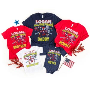 May include: A collection of red, navy blue, white, and navy blue t-shirts and a onesie. Each item features the text "LOGAN AND AMAZING FRIENDS" with the words "Brother", "Daddy", "Birthday Boy", "Mommy", and "Sister".
