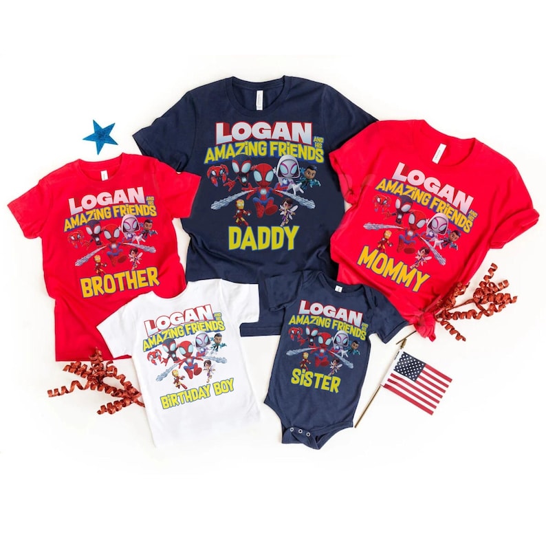 May include: A collection of red, navy blue, white, and navy blue t-shirts and a onesie. Each item features the text "LOGAN AND AMAZING FRIENDS" with the words "Brother", "Daddy", "Birthday Boy", "Mommy", and "Sister".