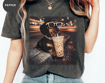 Comfort Colors® Funny Dachshund Drinking Iced Coffee T-shirt, Animal Meme Graphic Tee, Gift for Men, Coffee Dog Shirt, Gift For Animal Lover