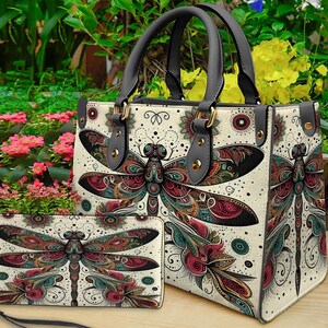 Bolso y cartera de piel con diseño de libélula, bandolera colorida con diseño de libélula, bolso personalizado, bolso retro, regalo para el Día de la Madre, regalo para mamá