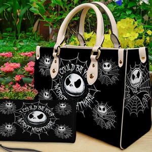 Halloween personalisierte Lederhandtasche, Jack Skellington Handtasche, Schultertasche, Crossbody Tasche, Top Griff Tasche, Vintage Tasche, Geschenk für Mutter.