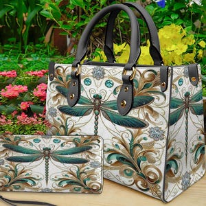 Libelle Lederhandtasche & Geldbörse, bunte Libelle Umhängetasche, individuelle Tasche, Retro Handtasche, Muttertagsgeschenk, Geschenk für Mama
