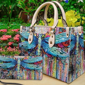 Sac à main et portefeuille en cuir libellule, sac à bandoulière libellule coloré, sac personnalisé, sac à main rétro, cadeau fête des mères, cadeau pour maman