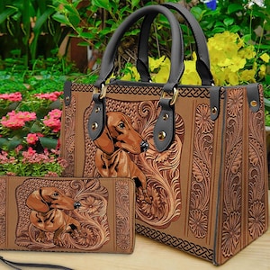Bolso y billetera de cuero con diseño de perro salchicha personalizado, bolso de hombro con diseño de perro salchicha, bolso personalizado, bolso retro, regalo para el día de la madre, regalo para mamá.