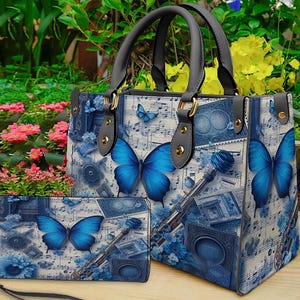 Schmetterling Landschaft Leder Handtasche & Brieftasche, Bunte Schmetterling Schultertasche, Benutzerdefinierte Tasche, Retro Handtasche, Muttertagsgeschenk, Geschenk für Mama