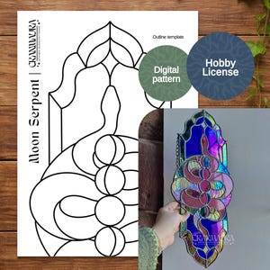 Moon Serpent Stained Glass Pattern | Printable Snake Stained Glass Pattern Templates | Hobby License | PDF and PNG Digital Download
