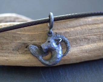 Collar rústico de plata martillada con colgante del zodíaco Capricornio hecho a mano, joyería astrológica.