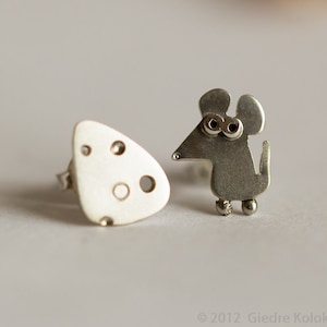 MOUSE and CHEESE Stud Earrings Sterling Silver Mini Zoo series
