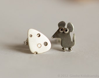 MOUSE and CHEESE Stud Earrings Sterling Silver Mini Zoo series