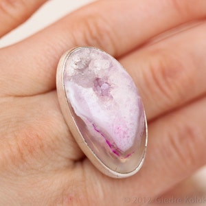 White Pink Druzy Agate Onyx Sterling Silver Ring size 6 1/2 image 3