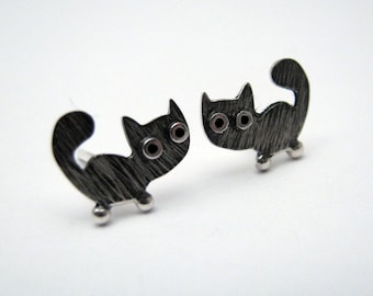 Kitty CAT Stud Earrings Sterling Silver Black Patterned Mini Zoo series