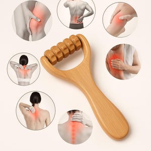 May include: A light brown wooden massage roller with a handle and a series of rolling pins. The image includes illustrations of areas of the body where the roller can be used, such as the back, neck, and shoulders.