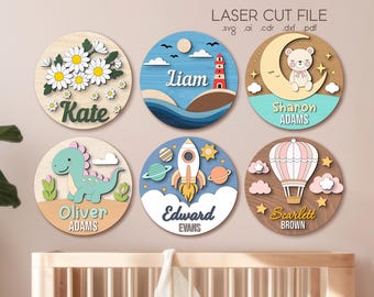 Zestaw znaków z imionami dla dzieci SVG dla Glowforge, pliki cięte laserowo, okrągły wystrój pokoju dziecięcego, latarnia morska, niedźwiedź, rakieta