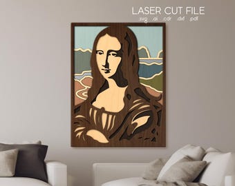 Mona Lisa SVG dla Glowforge, pliki cięte laserowo, malowanie warstwowej ramki, dekoracja ścienna, sztuka Leonarda da Vinci