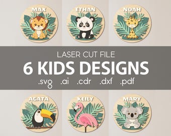 Zestaw znaków z imieniem dziecka SVG dla Glowforge, pliki cięte laserowo, zwierzęta tropikalne, okrągły wystrój pokoju dziecięcego, panda, koala, flaming, żyrafa