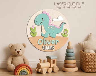 Tabliczka z imieniem dziecka SVG dla Glowforge, pliki cięte laserowo, dinozaur, okrągły wystrój pokoju dziecięcego