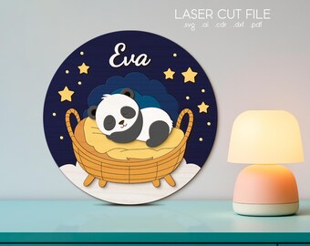 Tabliczka z imieniem dziecka w formacie SVG dla Glowforge, pliki wycinane laserowo, śpiące zwierzątko, okrągła dekoracja do pokoju dziecięcego, panda, noc, gwiazdy