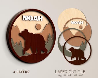 Baby Namen Zeichen SVG für Glowforge, Laser cut Dateien, Bär, Wald, Natur Kinderzimmer rund Dekor