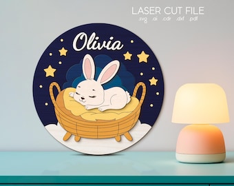 Tabliczka z imieniem dziecka w formacie SVG dla Glowforge, pliki wycinane laserowo, śpiące zwierzę, okrągła dekoracja do pokoju dziecięcego, zając, noc, gwiazdy