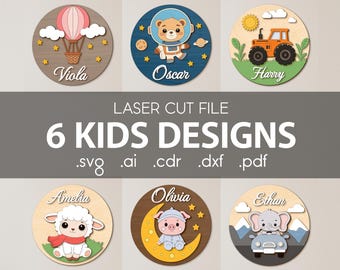 Zestaw znaków z imionami dla dzieci SVG dla Glowforge, pliki cięte laserowo, okrągły wystrój pokoju dziecięcego, prosiaczek, traktor, słoń, balon powietrzny
