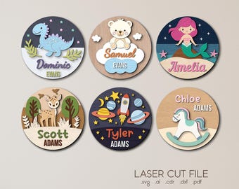 Zestaw znaków z imionami dla dzieci SVG dla Glowforge, pliki cięte laserowo, okrągły wystrój pokoju dziecięcego, dinozaur, kosmos, syrena, jeleń