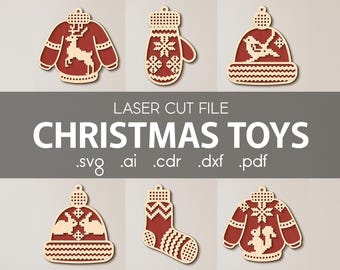 Zestaw zabawek choinkowych w formacie SVG dla Glowforge, pliki do cięcia laserowego, ozdoby świąteczne, sweter z jeleniem, czapka zimowa, rękawiczka, ciepła skarpeta