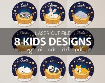 Zestaw tabliczek z imieniem dziecka w formacie SVG dla Glowforge, pliki wycinane laserowo, śpiące zwierzęta, okrągłe dekoracje do pokoju dziecięcego, panda, szop, pingwin, zając, lis, noc
