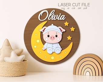 Tabliczka z imieniem dziecka SVG dla Glowforge, pliki cięte laserowo, okrągły wystrój pokoju dziecięcego, prosiaczek, księżyc, prezent na baby shower