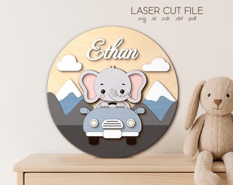 Znaki z imionami dla dzieci SVG dla Glowforge, pliki cięte laserowo, okrągły wystrój pokoju dziecięcego, słoń, góry, prezent na baby shower