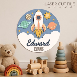Babynaambordje SVG voor Glowforge, lasergesneden bestanden, raket, ruimte, planeten, kinderkamer rond decor