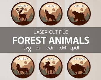 Zestaw znaków z imionami dla dzieci SVG dla Glowforge, Pliki cięte laserowo, Zwierzęta leśne, Okrągły wystrój pokoju dziecięcego, Niedźwiedź, Jeleń, Wilk