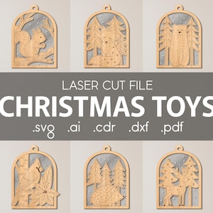 クリスマスツリーのおもちゃバンドル SVG for Glowforge、レーザーカットファイル、クリスマスの飾り、森の動物、キツネ、クマ、ハリネズミ