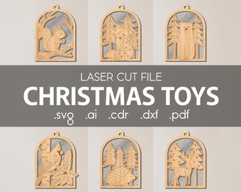 Zestaw zabawek choinkowych w formacie SVG dla Glowforge, pliki do cięcia laserowego, ozdoby świąteczne, zwierzęta leśne, lis, niedźwiedź, jeż