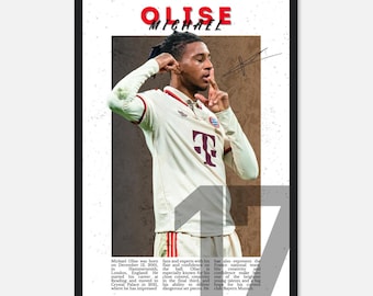 Pôster de futebol de Michael Olise | Arte de parede Olise | Estampa de Futebol | Presente para fã de futebol | Pôster de futebol autografado | Decoração Esportiva | FC Bayern