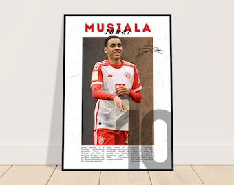 Pôster de futebol de Jamal Musiala | Arte de parede de Musiala | Impressão de futebol | Presente para um fã de futebol | Pôster de futebol autografado | Bayern de Munique