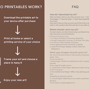 May include: A brown and beige infographic detailing how printable art works, with steps including downloading, printing, framing, and enjoying the art. The FAQ section provides download and printing instructions, and paper recommendations.