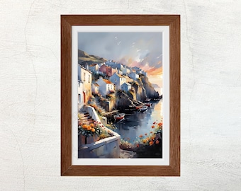 Coastal Village Watercolor Painting: Mediterranean Harbor Scene (Digital Download)