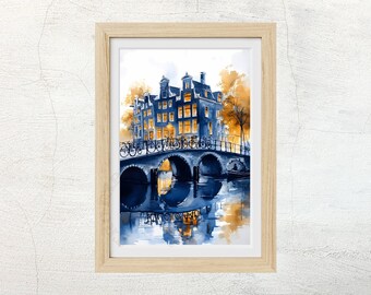 Stampa ad acquerello della casa sul canale di Amsterdam: arte del paesaggio urbano olandese (download digitale)